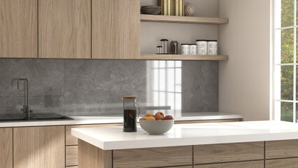 Modern, luxury kitchen with built in wooden cabinet, cupboard, white top island and gray stone splash back in sunlight for cozy interior design decoration, product background 3D