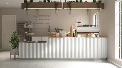 Modern, cozy beige cafe and bakery with counter, professional espresso machine, cake display,...