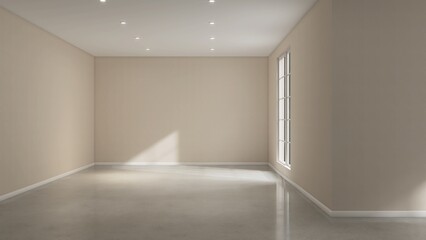 Empty room with beige brown wall in sunlight from white frame glass window to courtyard with tree for luxury, minimal interior design, decoration product space background 3D