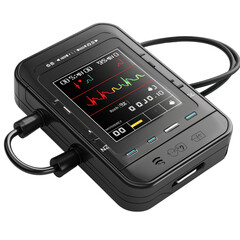 A black handheld medical device with a screen displaying vital signs and a red and green line graph.