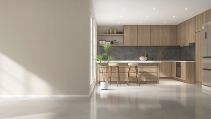 Blank beige wall to modern, luxury kitchen with built in wooden cabinet, cupboard, white top island...