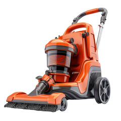 Orange upright vacuum cleaner with a clear dustbin and a brush roll.