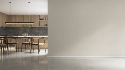 Blank beige wall to modern, luxury kitchen with dining table, chairs, wooden cabinet, cupboard, white top island and gray stone splash back in sunlight for cozy interior design, product background 3D