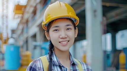 Happy asian woman in an engineer hard hat at a construction site. Work process, construction of a house. copy space for text.