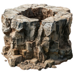 A weathered, cracked rock formation with a circular opening, isolated on a white background.