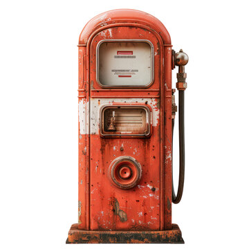 A vintage red gas pump with peeling paint and rust. The pump has a glass display and a single nozzle.