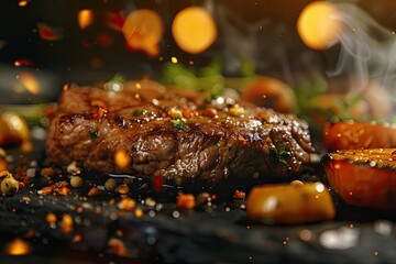 Delicious grilled steak with roasted potatoes on a black stone background, garnished with herbs and spices, perfect for a gourmet meal.