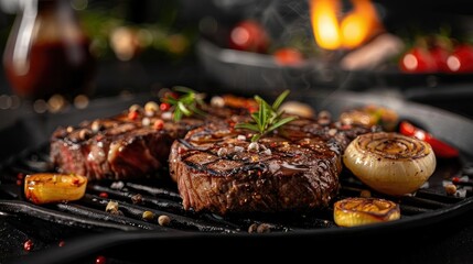 Close-up of juicy grilled steaks with herbs, onions, and peppers, served on a sizzling hot grill pan. Perfect for barbecue and food enthusiasts.
