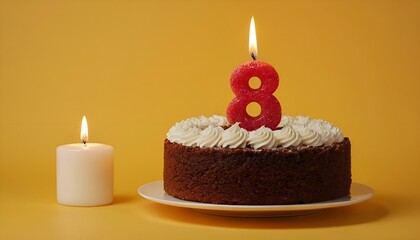birthday cake with a number 8 candle in a solid yellow color background