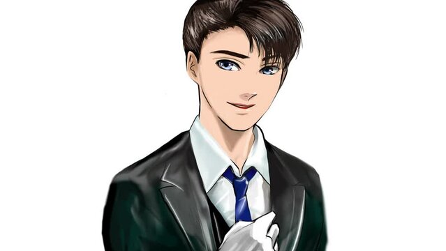 黒髪の韓国アイドル風イケメン男性執事が話すアニメーション白背景