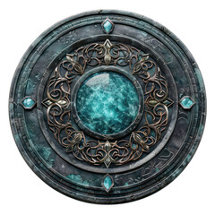 Fototapeta premium A circular, ornate, metallic shield with a central turquoise jewel. The shield features an intricate design with swirling patterns.