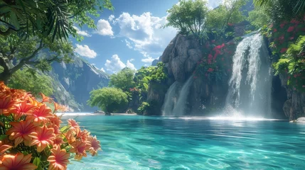 Fleecedeken met foto Hidden island paradise with cascading waterfalls flowing into the sea, surrounded by lush tropical foliage and vibrant flowers Generative AI © GenerativeAIpicture