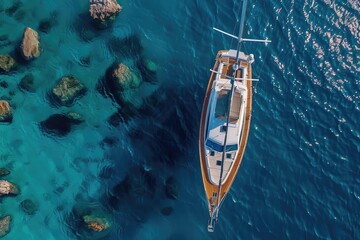 Fototapeta premium Aerial view of a sailboat gliding on clear blue water, surrounded by rocks, highlighting the beauty of the ocean and maritime adventure.