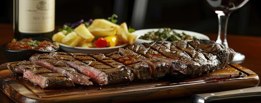 Delicious grilled steak served on a wooden board with fries, salad, and a glass of red wine, perfect for a gourmet meal.
