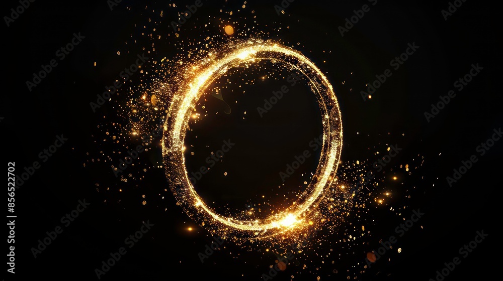 Canvas Prints 3d sparkling golden metal circle with shiny glitters isolated on black background. generative ai