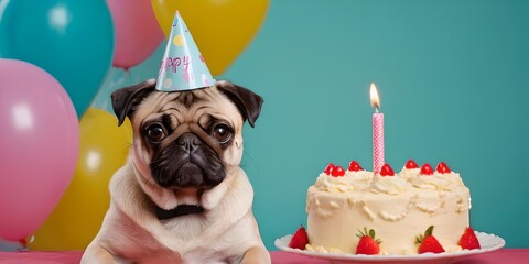 a pug wearing a party hat with a birthday cake in a blue background with balloons