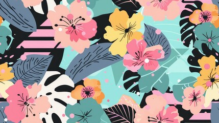 Obraz premium Floral Pattern with Colorful Flowers on Dark Background generated with AI