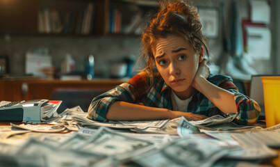 Worried Woman with Bills