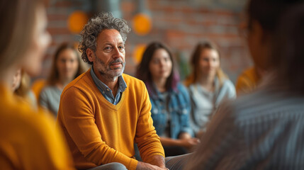 Obraz premium Role model : A group of people attentively engage in a discussion, with a man in a yellow sweater appearing thoughtful and focused on the conversation.