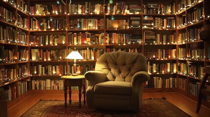 A cozy reading nook with a plush armchair and a small table lamp, illuminated by string lights artfully arranged around the bookshelves, casting a soft, inviting glow perfect for curling up with a