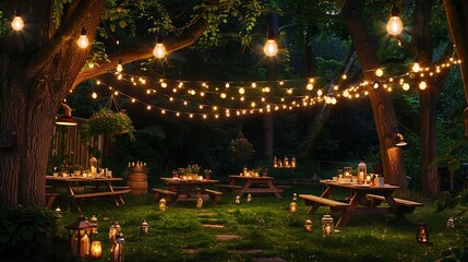 An intimate garden party setting with string lights hanging between trees, casting a gentle light over the picnic tables and seating areas, complemented by the soft glow of candles and lanterns