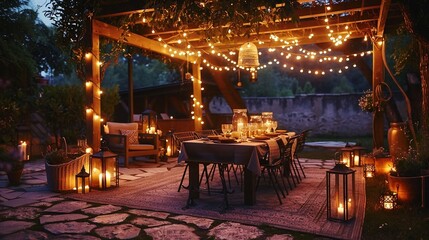 Fototapeta premium An outdoor dining area under a pergola, with string lights hanging above and soft, ambient lighting from nearby lanterns and candles, creating a warm and intimate setting for al fresco dining