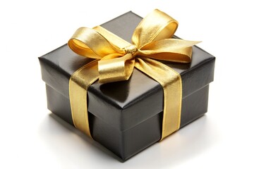 Fototapeta premium A black gift box wrapped in a shiny gold ribbon, isolated on a white background.