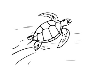 Vector isolated cute cartoon swimming sea turtle colorless black and white contour line drawing, sea turtle silhouette 