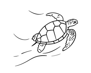 Vector isolated cute cartoon swimming sea turtle colorless black and white contour line drawing, sea turtle silhouette 