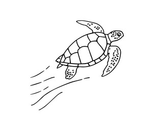 Vector isolated cute cartoon swimming sea turtle colorless black and white contour line drawing, sea turtle silhouette 