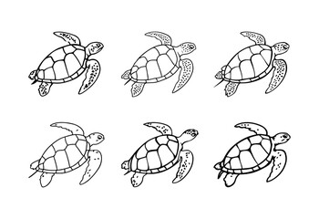 Vector isolated cute cartoon swimming sea turtle colorless black and white contour line drawing, sea turtle silhouette 