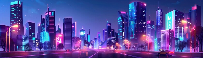 Fototapeta premium Vibrant futuristic cityscape with neon lights and skyscrapers at night, showcasing a modern urban environment full of energy and color.