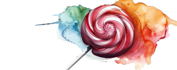 Watercolor illustration of a single lollipop with a swirl pattern clipart isolate on transparent background