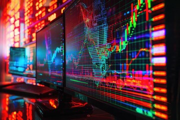 Close-up view of financial data on multiple screens in a modern trading room with vibrant graphs and charts.