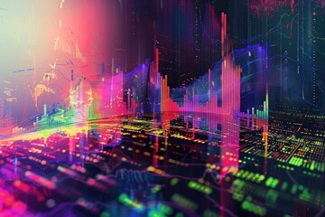 Fototapeta premium Futuristic digital financial data visualization with colorful graphs and charts. Modern abstract representation of market analytics and technology.