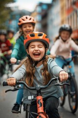 Obraz premium A photo of a happy black kid riding a bike in a city with buildings and cars behind them