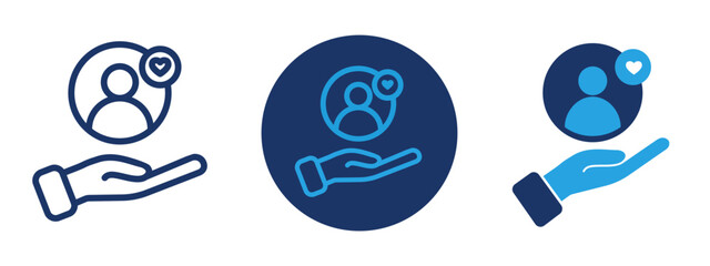 customer care editable icon, Three blue circles with a hand in each one showing we care for our customers too much