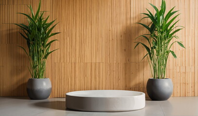 background with decorations at wood wall. blank empty podium platform stage with copy space place