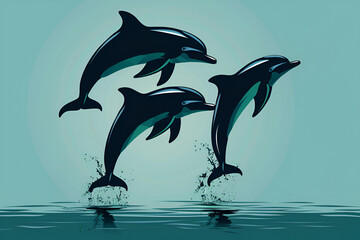 Fototapeta premium Illustrated Dolphins Jumping Out of Water
