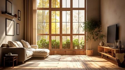 Modern living room with a large window, beige sofa, and wooden floor. Perfect for interior design, home decor, and real estate