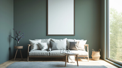 Modern living room with a green wall, a white sofa, and a large window. Perfect for interior design, home decor, and real estate