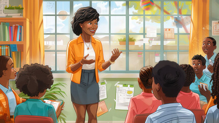 Role model : A teacher engaging with enthusiastic students in a bright classroom, fostering a positive learning environment filled with books and educational materials.