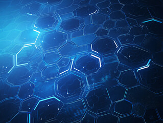 Fototapeta premium Abstract blue background with hexagons and glowing lines with copy space for technology, science, and innovation themes