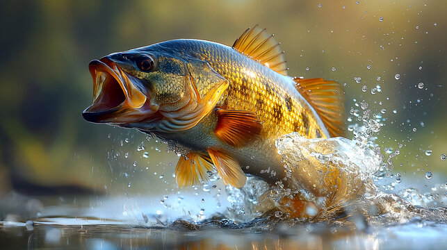 A largemouth bass jumping on the surface on the water