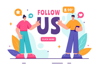 Follow Us and Like Vector Illustration for Internet Advertisements of Social Media Users Following an Interesting Page, Set in a Flat Background