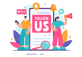 Follow Us and Like Vector Illustration for Internet Advertisements of Social Media Users Following an Interesting Page, Set in a Flat Background