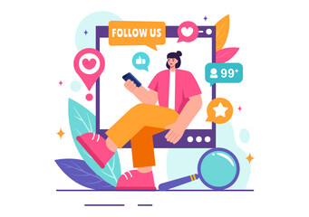 Follow Us and Like Vector Illustration for Internet Advertisements of Social Media Users Following an Interesting Page, Set in a Flat Background