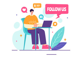 Follow Us and Like Vector Illustration for Internet Advertisements of Social Media Users Following an Interesting Page, Set in a Flat Background