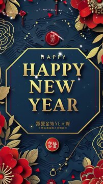 Chinese style Happy New Year poster, with a red and gold color scheme and peony flowers pattern background, with golden characters saying "Happy New Year" in the style of traditional Chinese character