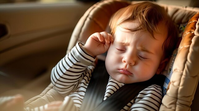 Children Hot car Kids dangerous  Close-up of a sleepy baby in a car seat